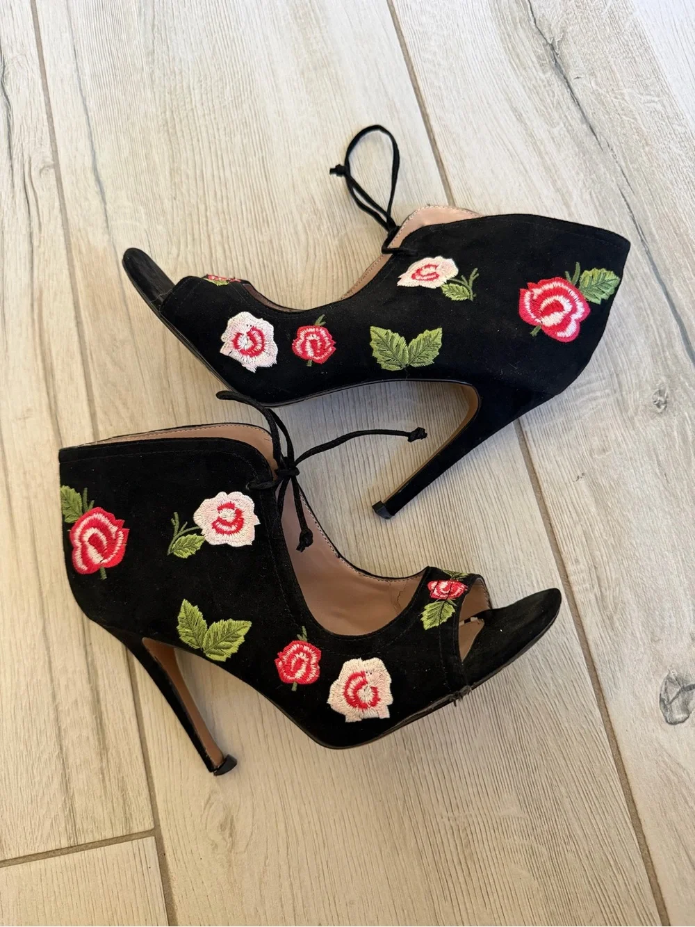 Black Rose Embroidered Peep-Toe Heel with Ankle Tie